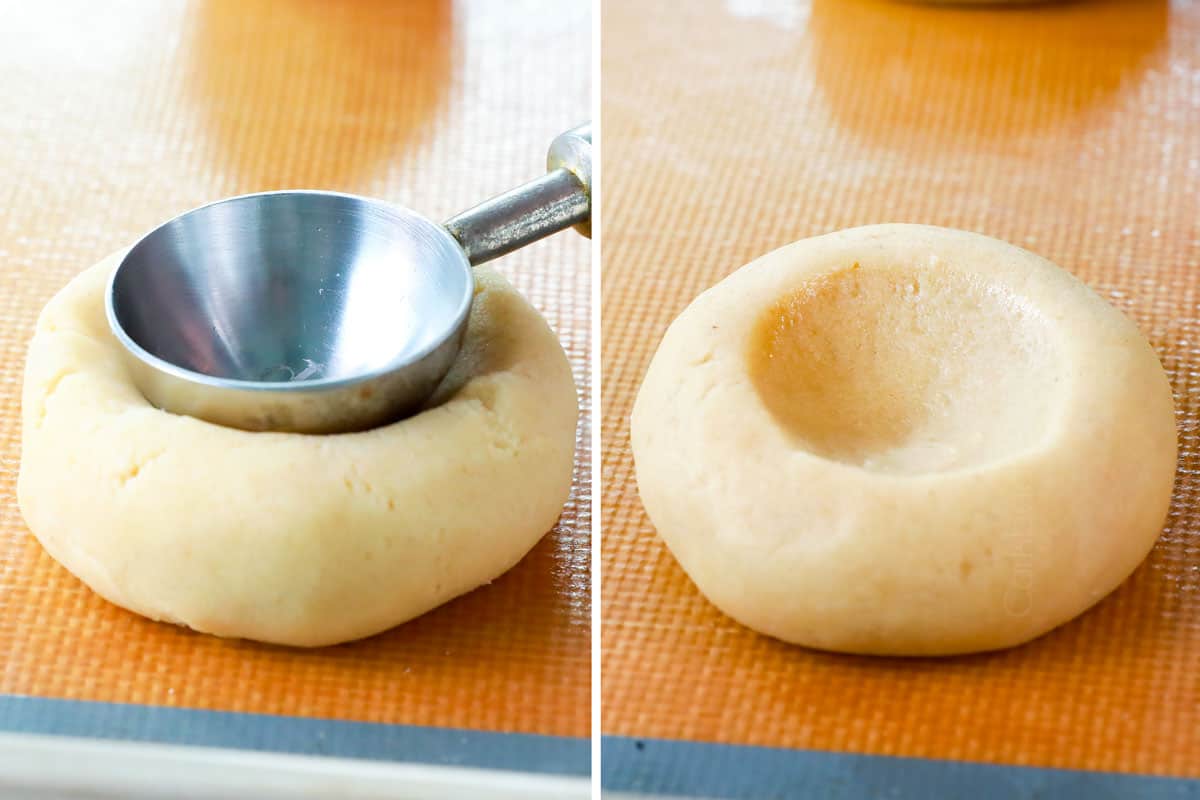 showing how to make pecan pie cookies by making a thumbprint in the cookie dough with the back of a tablespoon