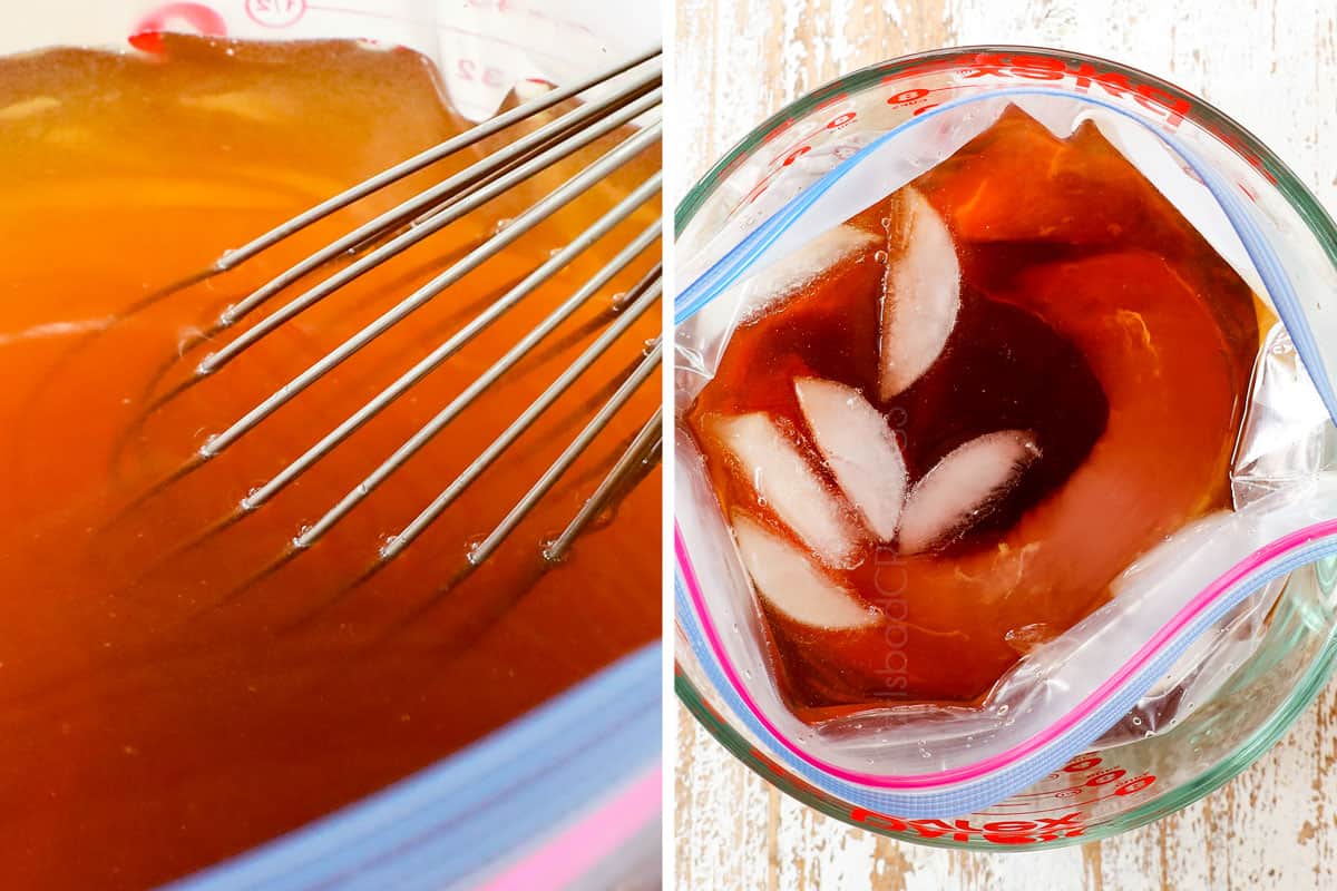 a collage showing how to make bacon-wrapped pork tenderloin by brining the pork