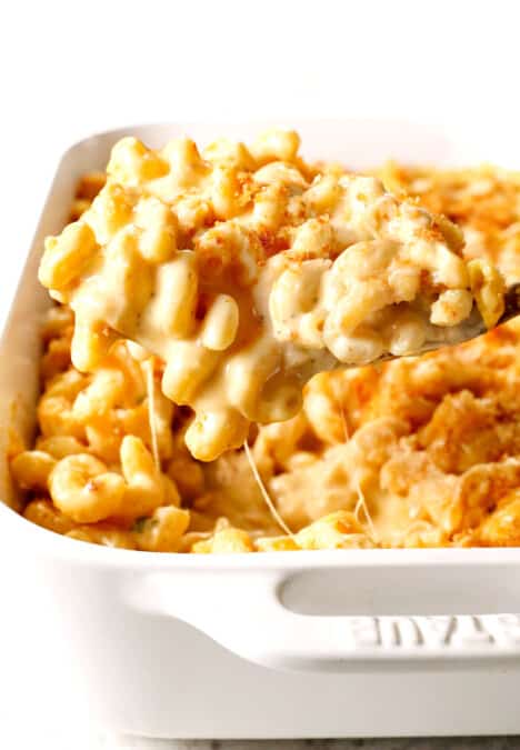 up close of serving best Baked Macaroni and Cheese showing how cheesy it is