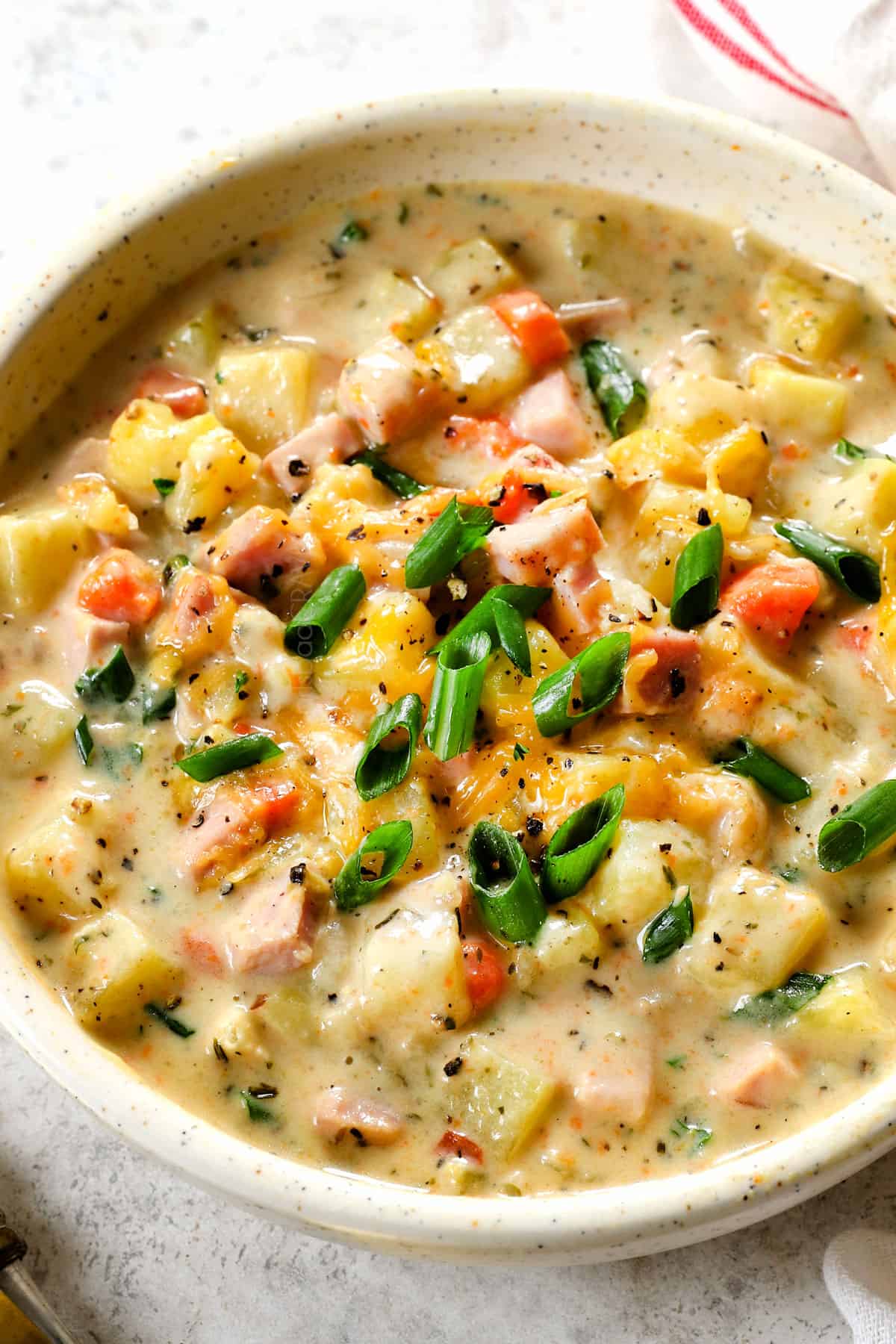 a bowl of potato and ham soup that's super creamy and cheesy