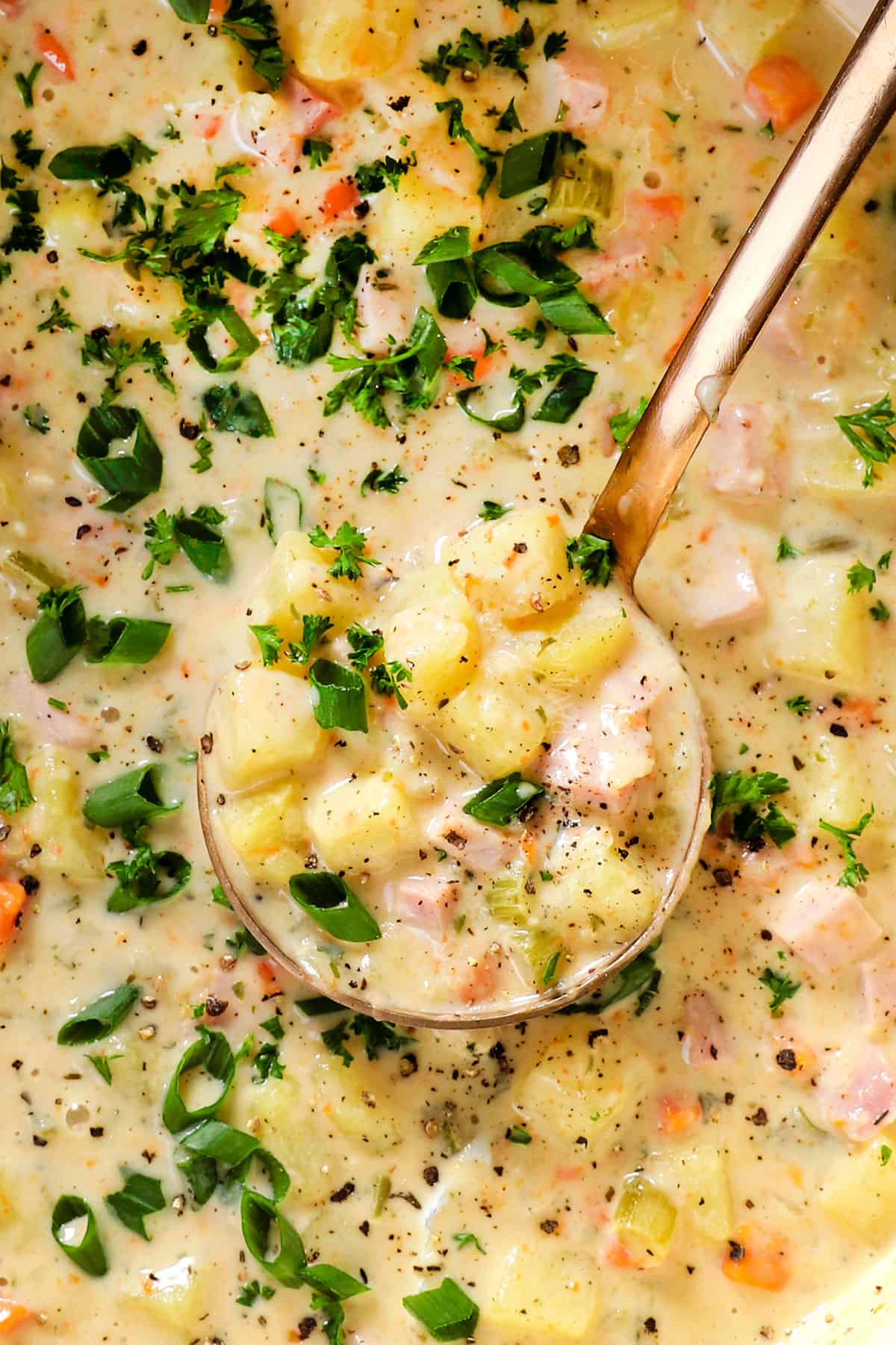 top view of serving ham and potato soup garnished by parsley