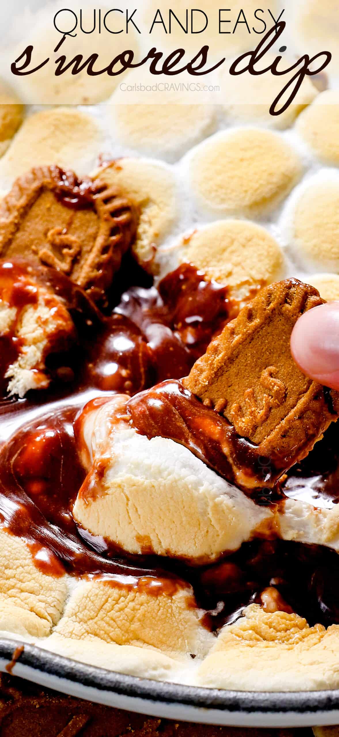 a skillet of s'mores dip made in the oven with melted chocolate