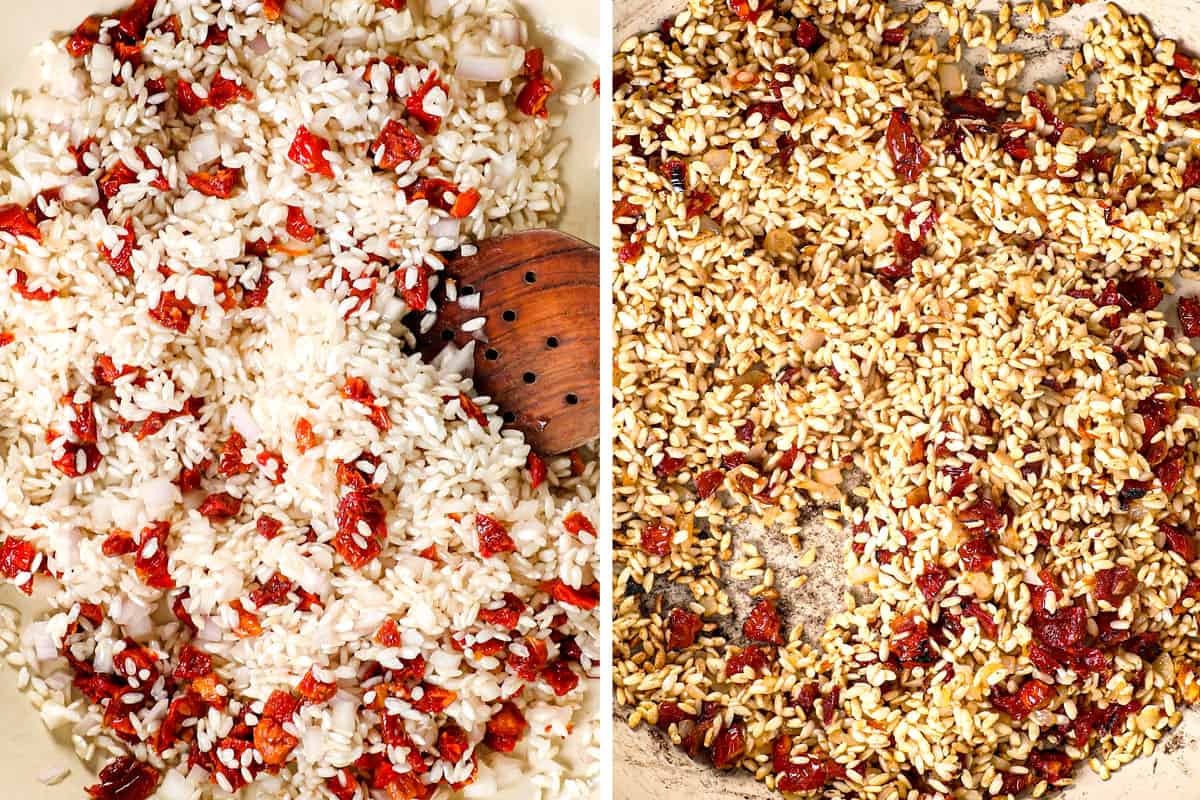 a collage showing how to make shrimp risotto by sautéing rice, shallots and sun dried tomatoes
