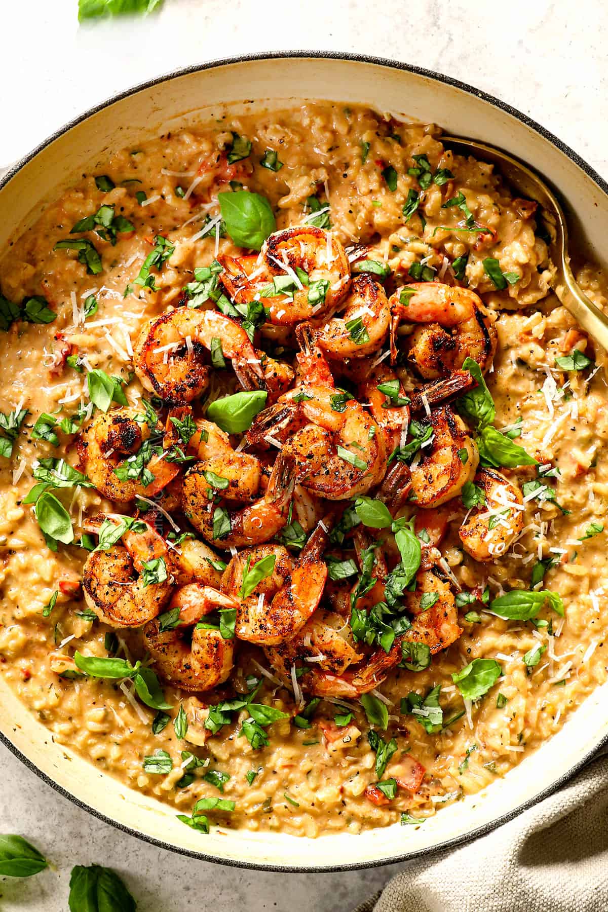 top view of best shrimp risotto recipe showing how creamy it is