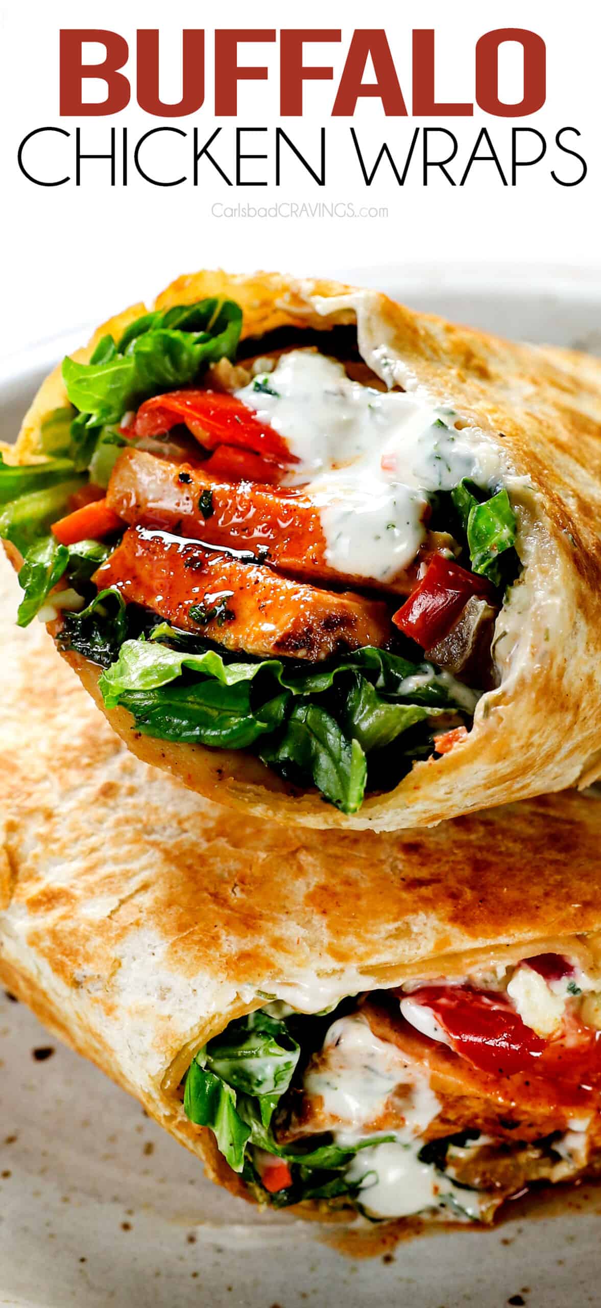 up close of Buffalo chicken wraps showing how juicy the chicken is