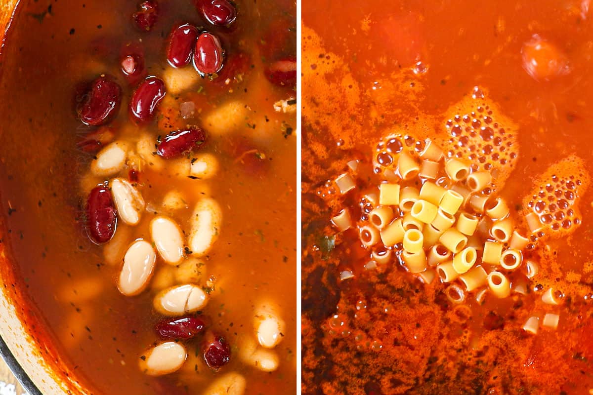 showing how to make pasta fagioli recipe (pasta fazool) by adding beans and pasta