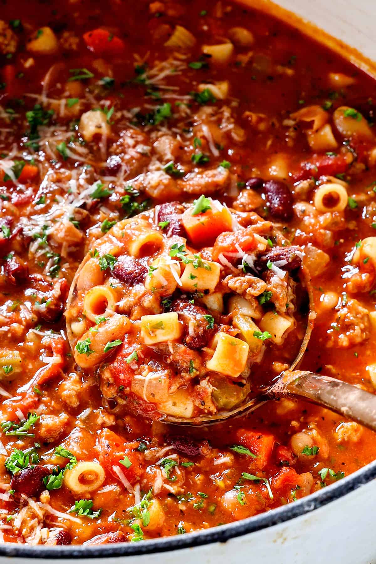 up close of a pot of pasta e fagioli soup showing how thick it is