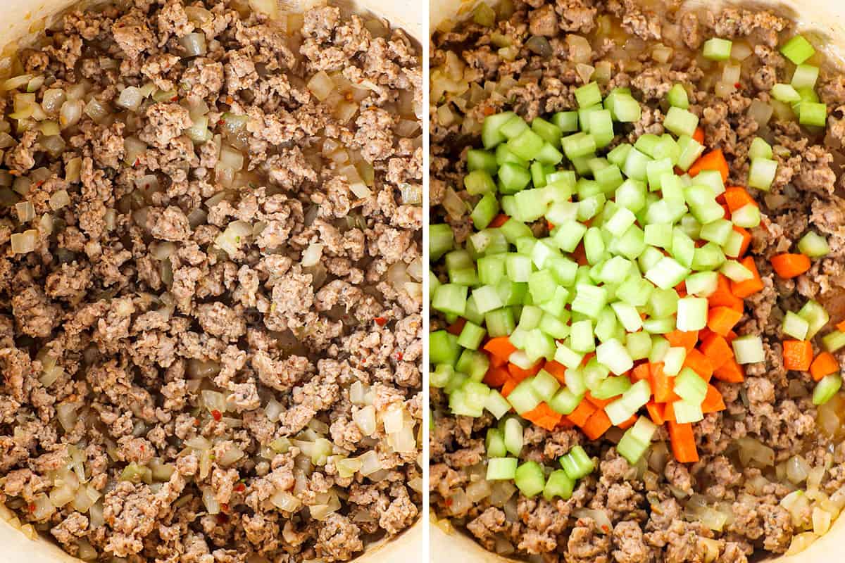showing how to make pasta e fagioli (pasta fazool) by browning sausage in a pot, then sautéing onions, celery and carrots