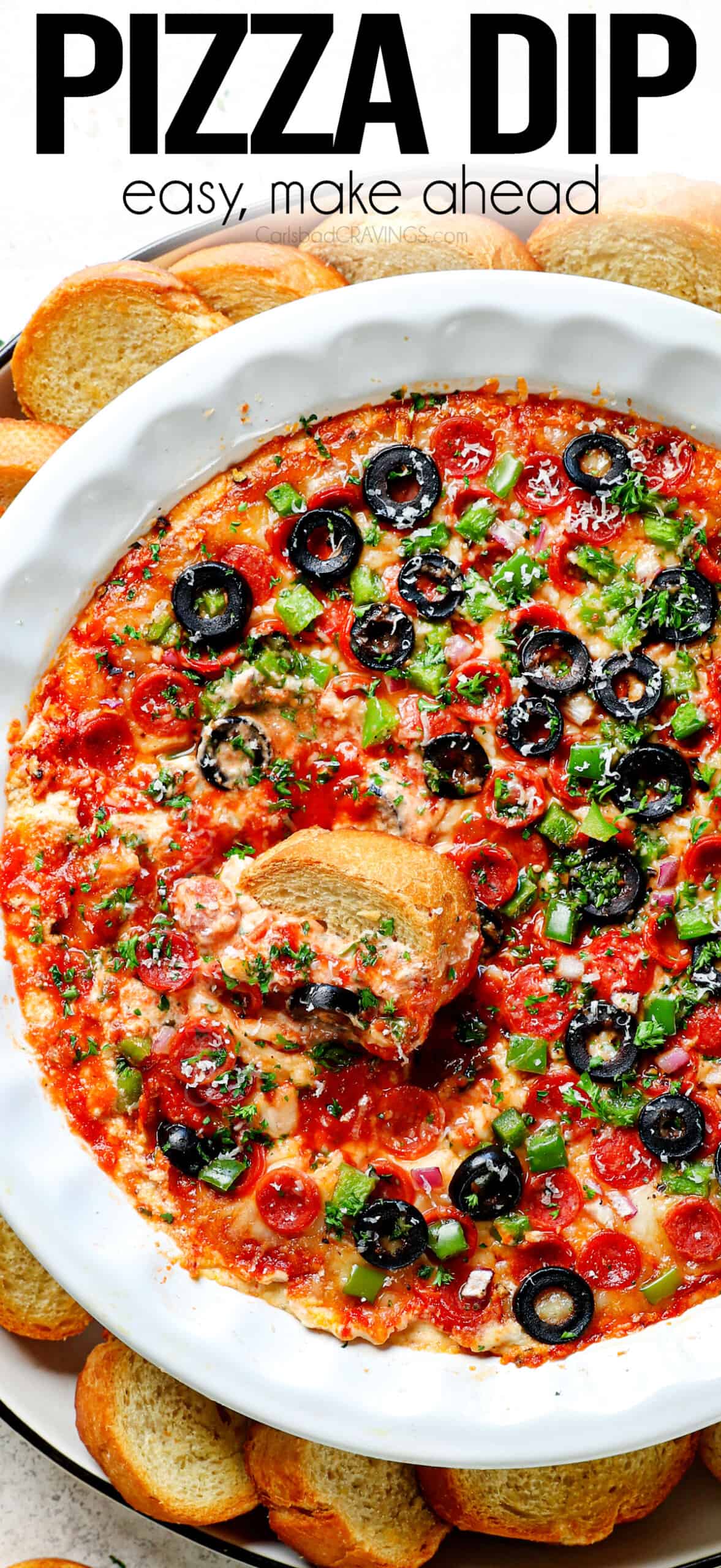 top view of pepperoni pizza dip recipe baked in a pie dish