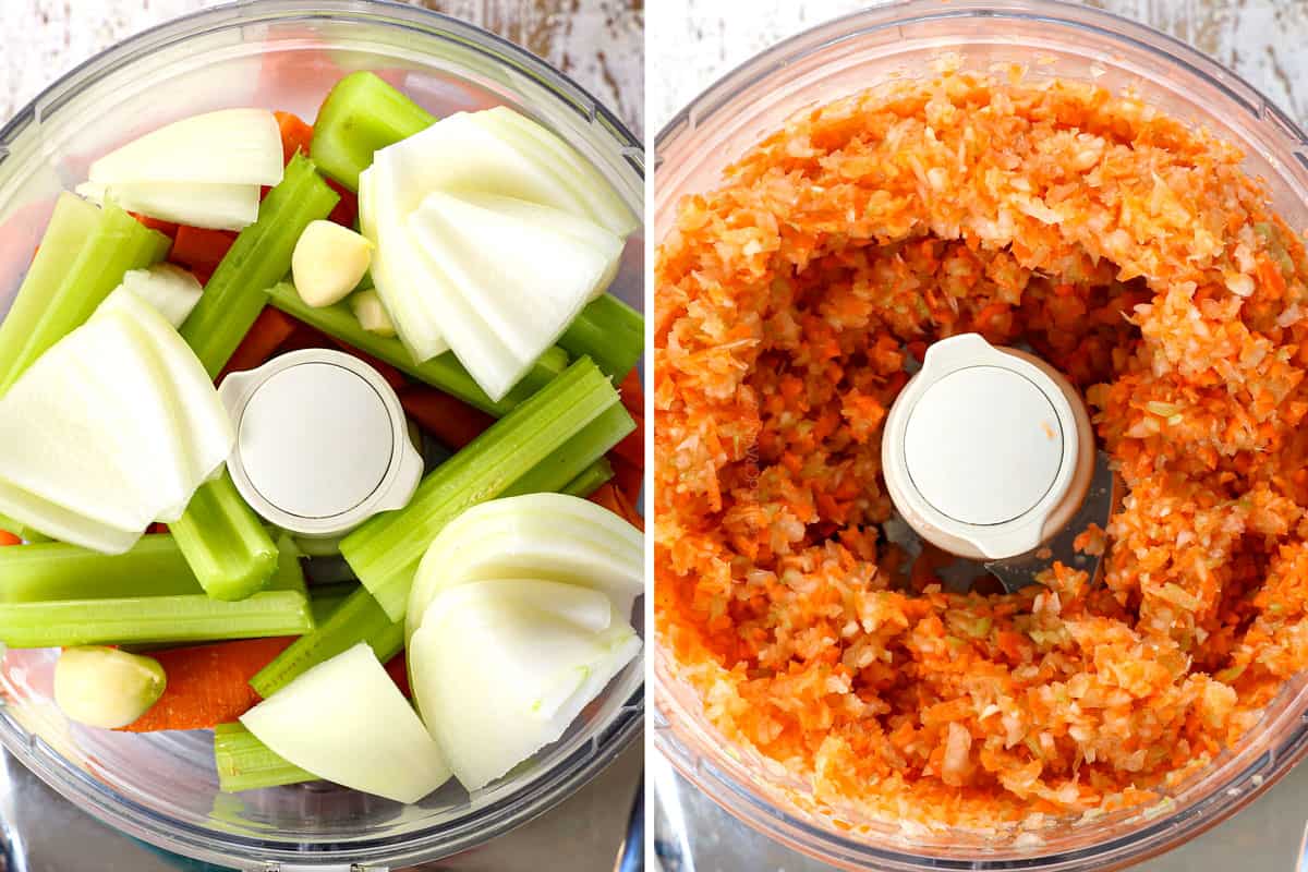 showing how to make creamy tomato tortellini soup recipe by chopping onions, carrots, celery and garlic in the food processor