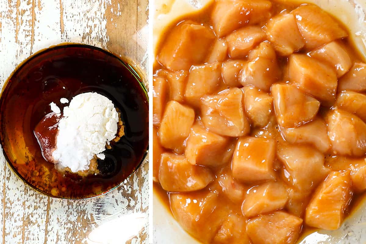 showing how to make hibachi chicken by marinating the chicken before cooking