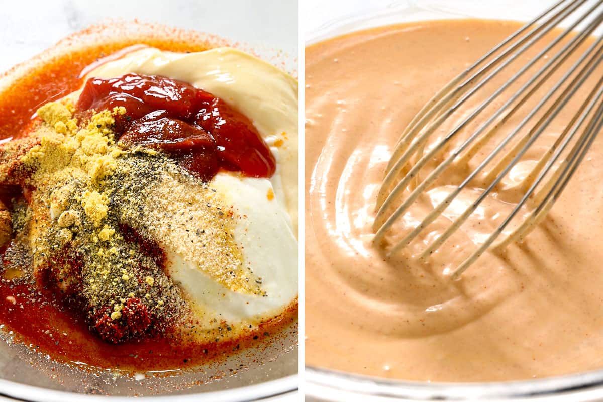 a collage showing how to make hibachi chicken recipe by whisking together the yum yum sauce ingredients