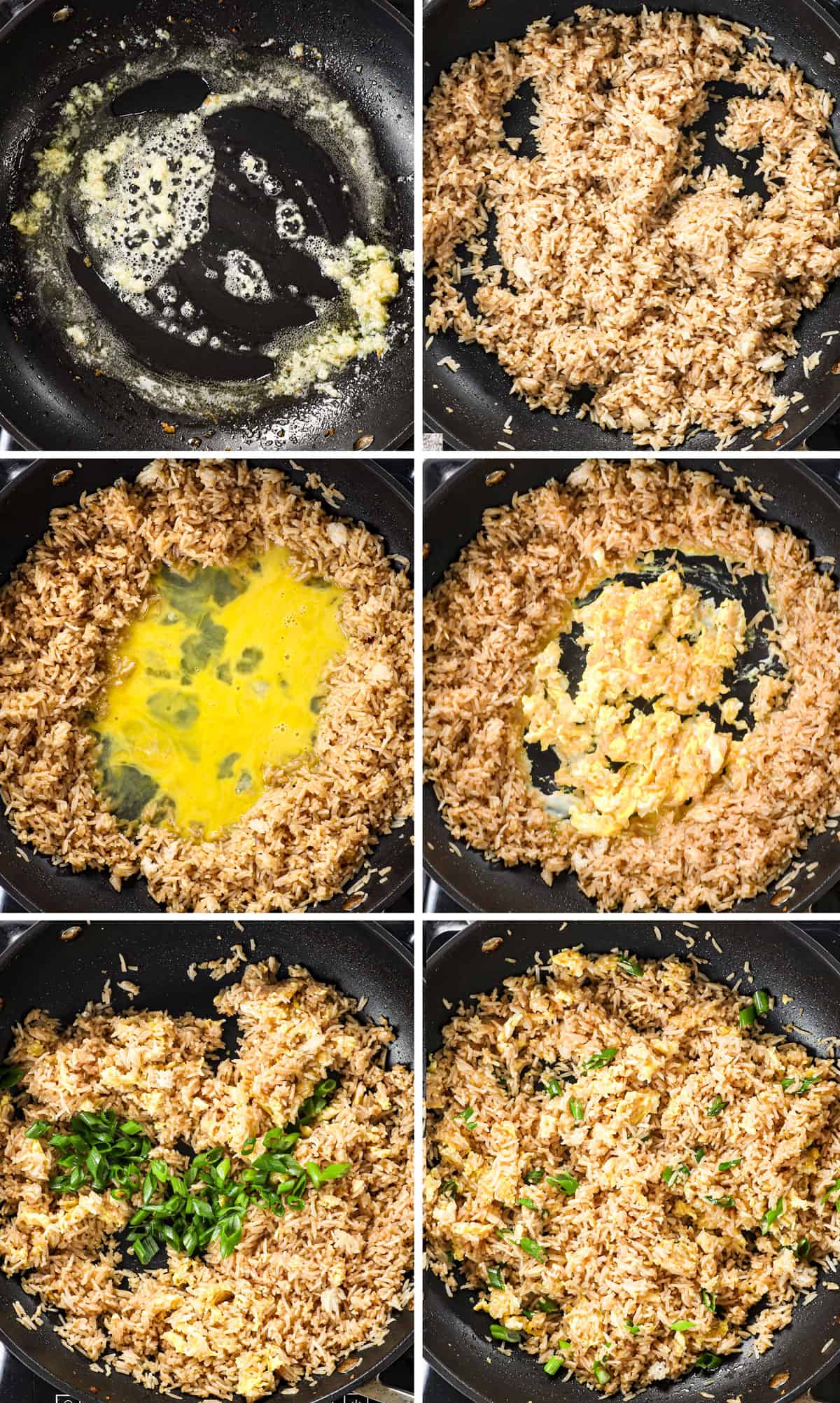a collage showing how to make hibachi chicken recipe by frying the rice in garlic and butter, then adding eggs and scrambling, then stirring in green onions