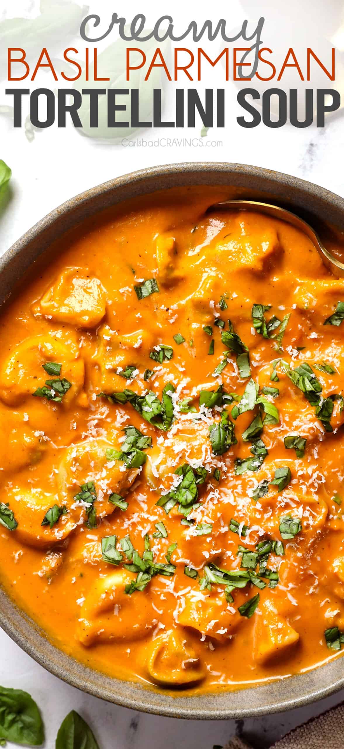 top view of creamy tomato tortellini soup served in a bowl with fresh basil and Parmesan