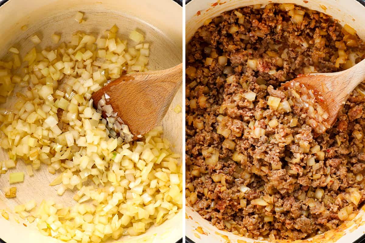 showing how to make easy baked rigatoni recipe (rigatoni al forno) by sautéing onions until tender, then adding Italian sausage and cooking until browned, while crumbling