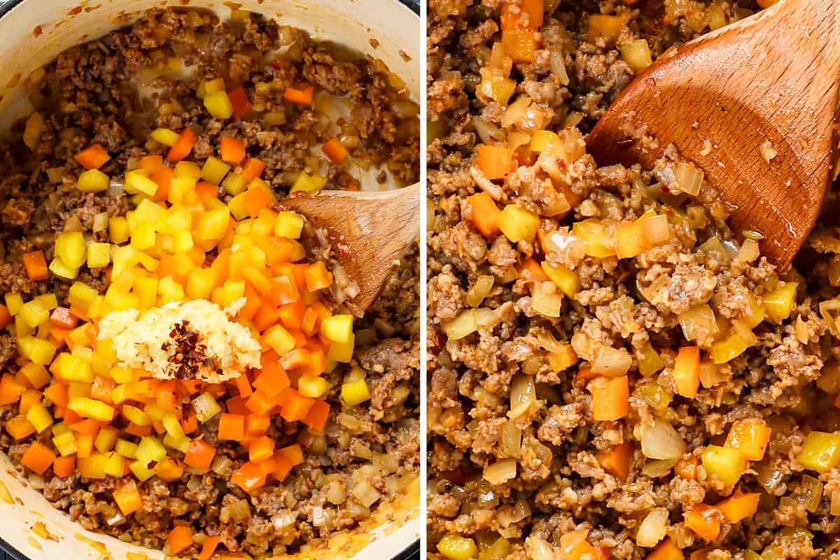 a collage showing how to make easy baked rigatoni recipe (rigatoni al forno) by adding bell peppers, garlic and red pepper flakes to the sausage and sautéing