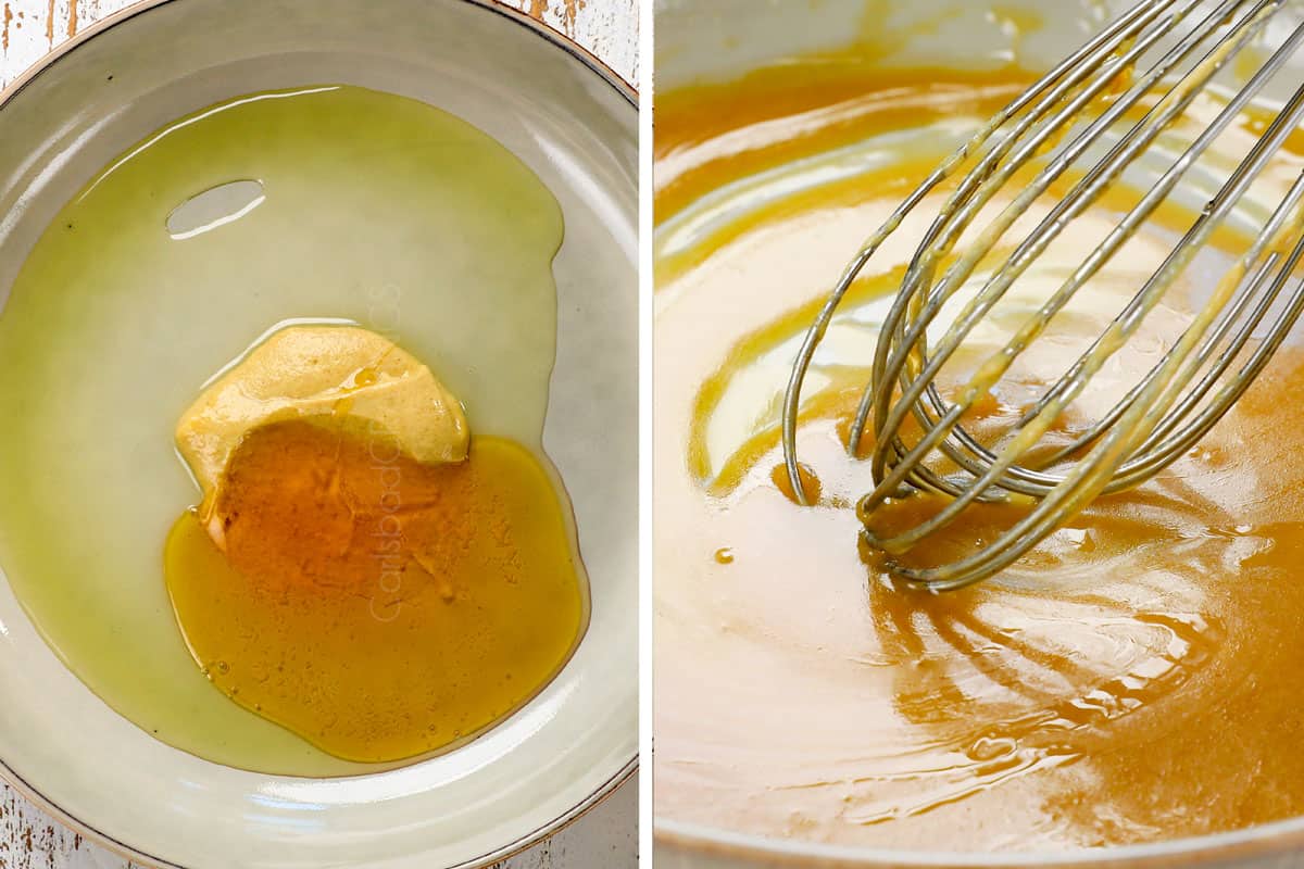 a collage showing how to make chicken cordon bleu recipe by stirring together Dijon, honey and olive oil to coat the chicken before breading