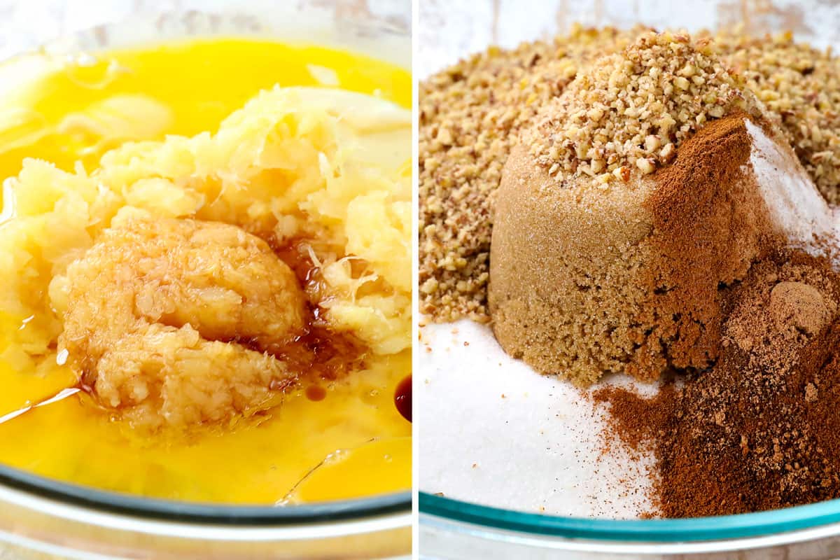 showing how to make carrot cake cheesecake by mixing the dry carrot cake ingredients together and the wet carrot cake ingredients together in separate bowls