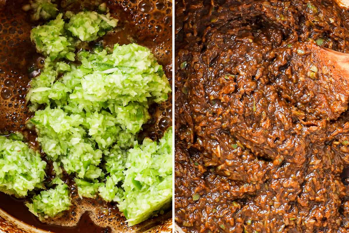 a collage showing how to make chicken sausage gumbo by sautéing the vegetables in the roux