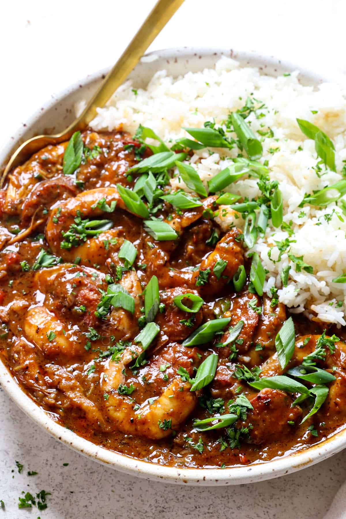 adding gumbo with shrimp, chicken and sausage to a bowl and garnishing with green onions