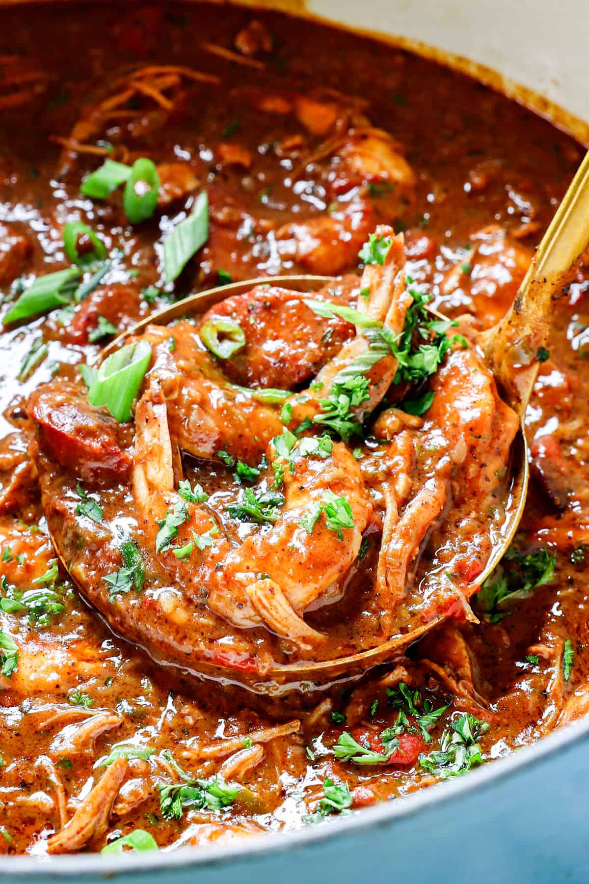 up close of a ladle of gumbo recipe with chicken, sausage and shrimp