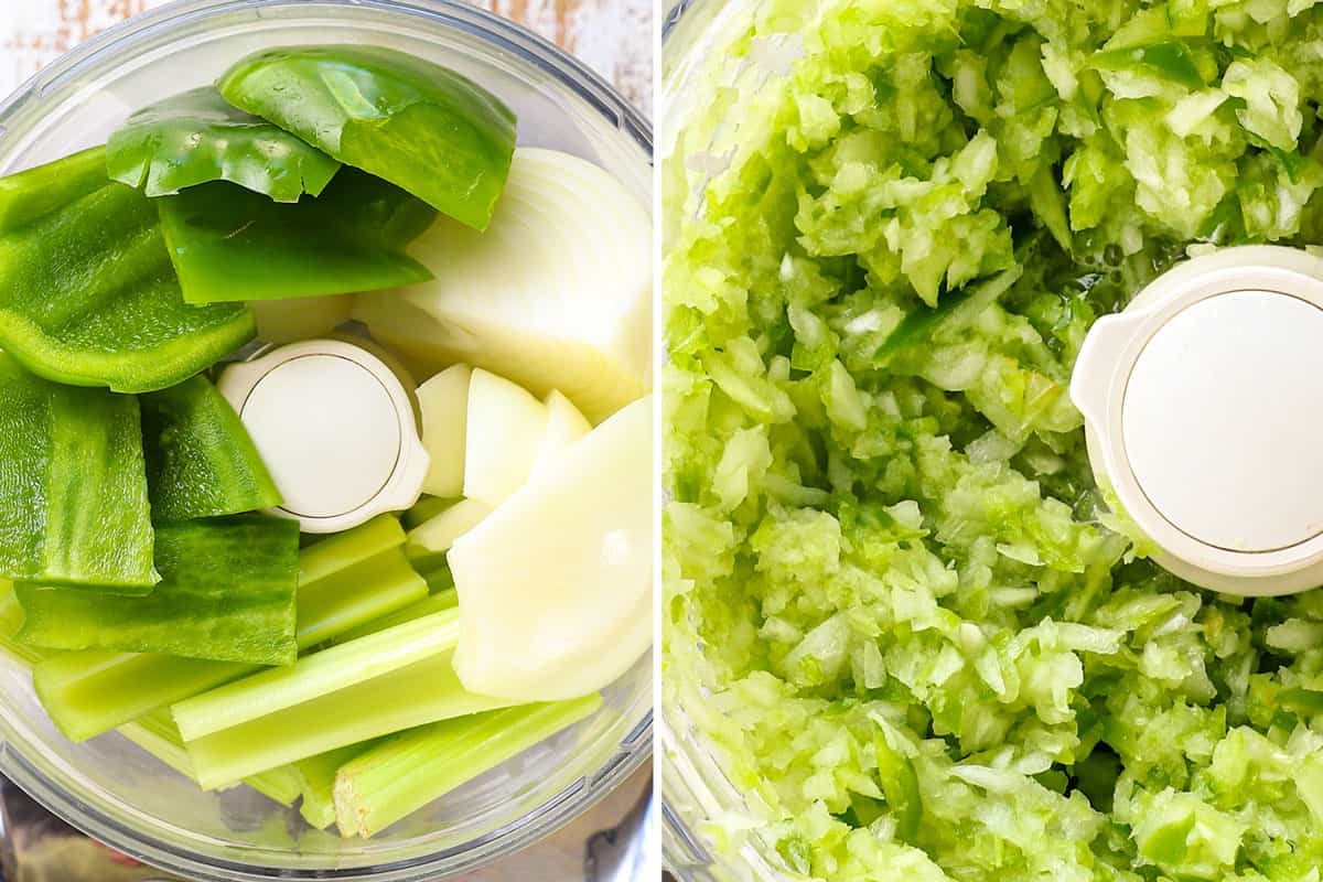 showing how to make gumbo recipe with chicken, sausage and shrimp by chopping the holy trinity of veggies (onions, bell peppers and celery) in the food processor