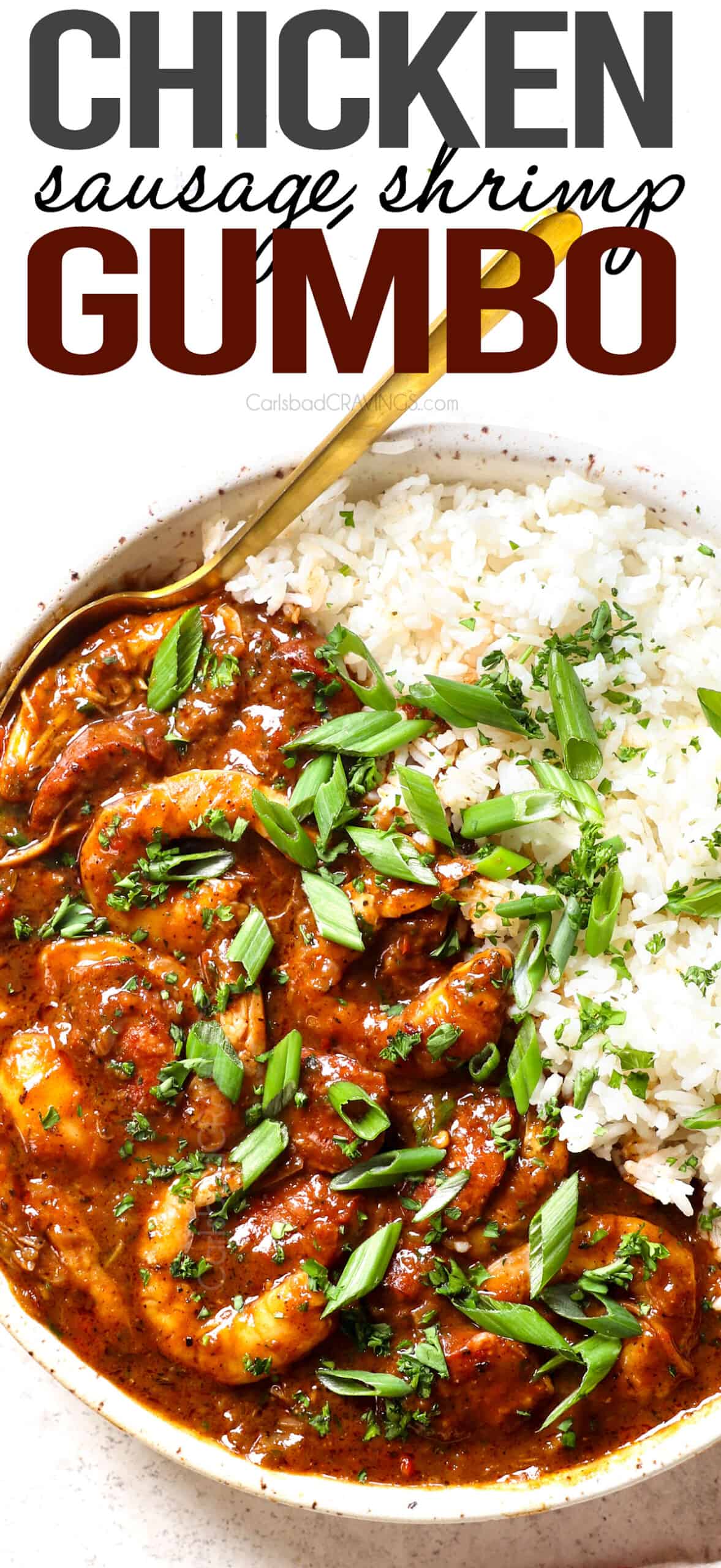 top view of gumbo recipe with chicken, sausage and shrimp served in a bowl with rice
