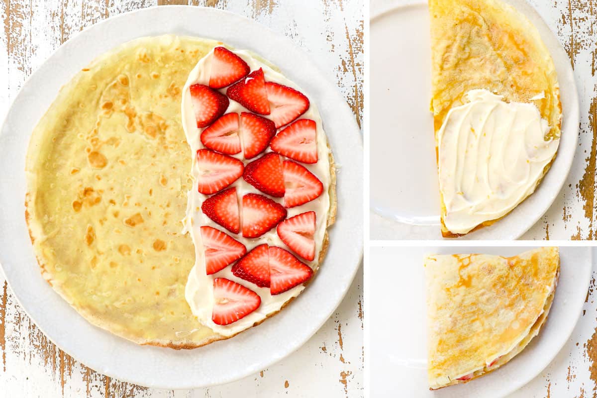 a collage showing how to fold crepes by folding in half lengthwise, then in half again to form a triangle