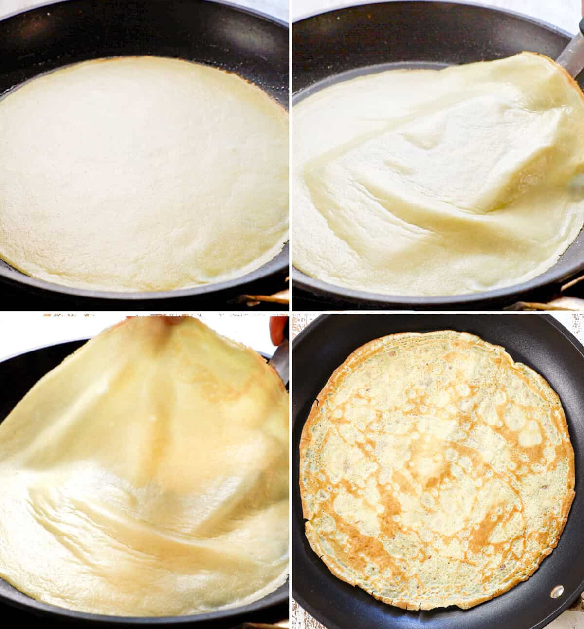 a collage showing how to make crepes by cooking crepe for 1 minute, flipping the crepe, then cooking the other side until golden
