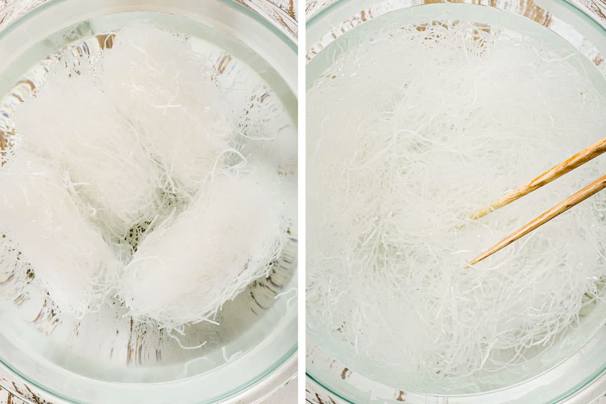 showing how to make pad woon sen by soaking the glass noodles in hot water