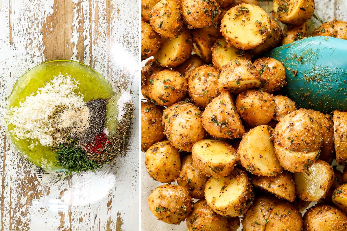 a collage showing how to make Parmesan Crusted Potatoes by mixing olive oil and spices together with the potatoes
