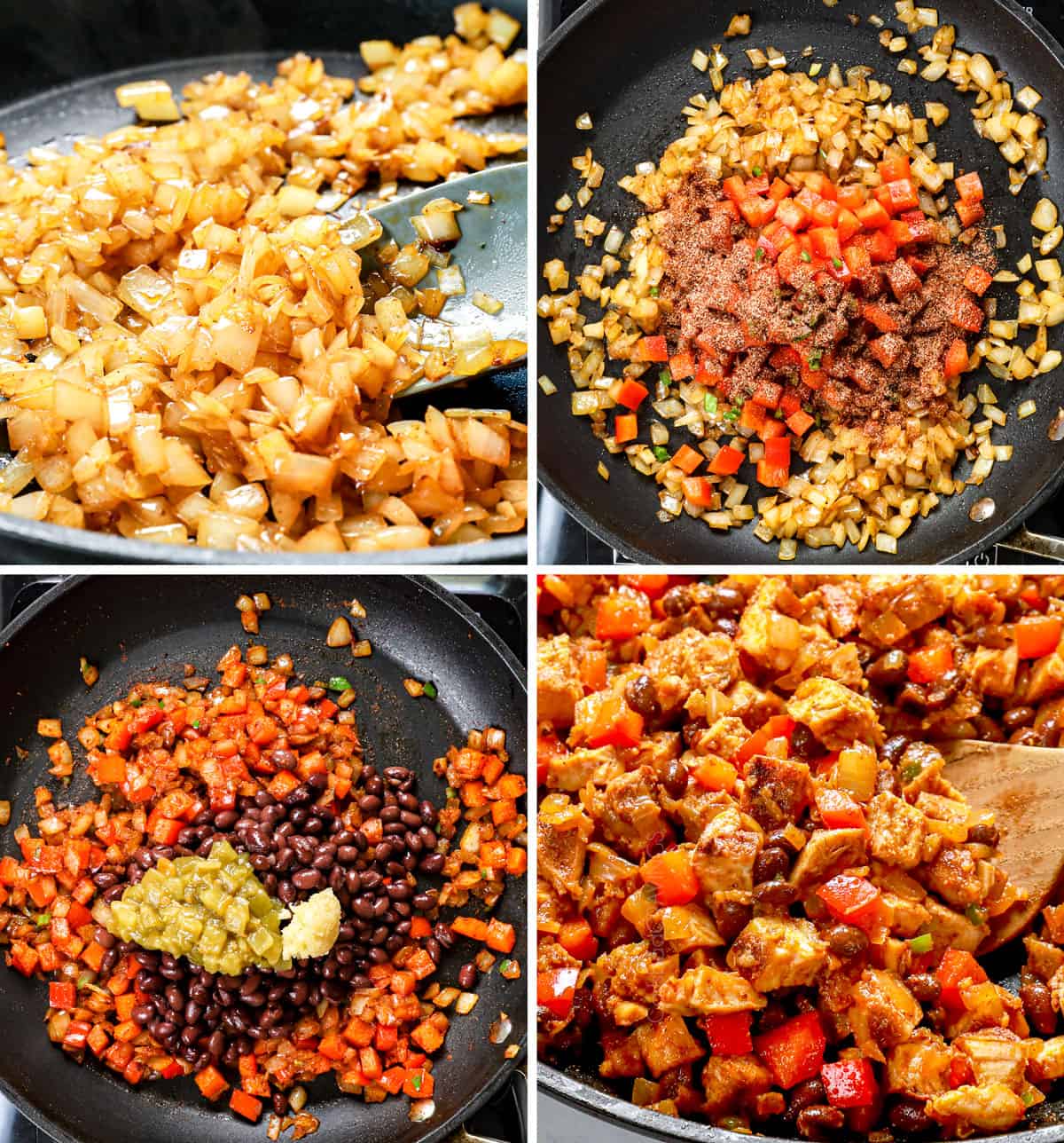 a collage showing how to make chicken quesadilla filling by 1) sautéing onions, 2) adding bell peppers and spices, 3) adding black beans, garlic and green chilies, 4) adding chicken