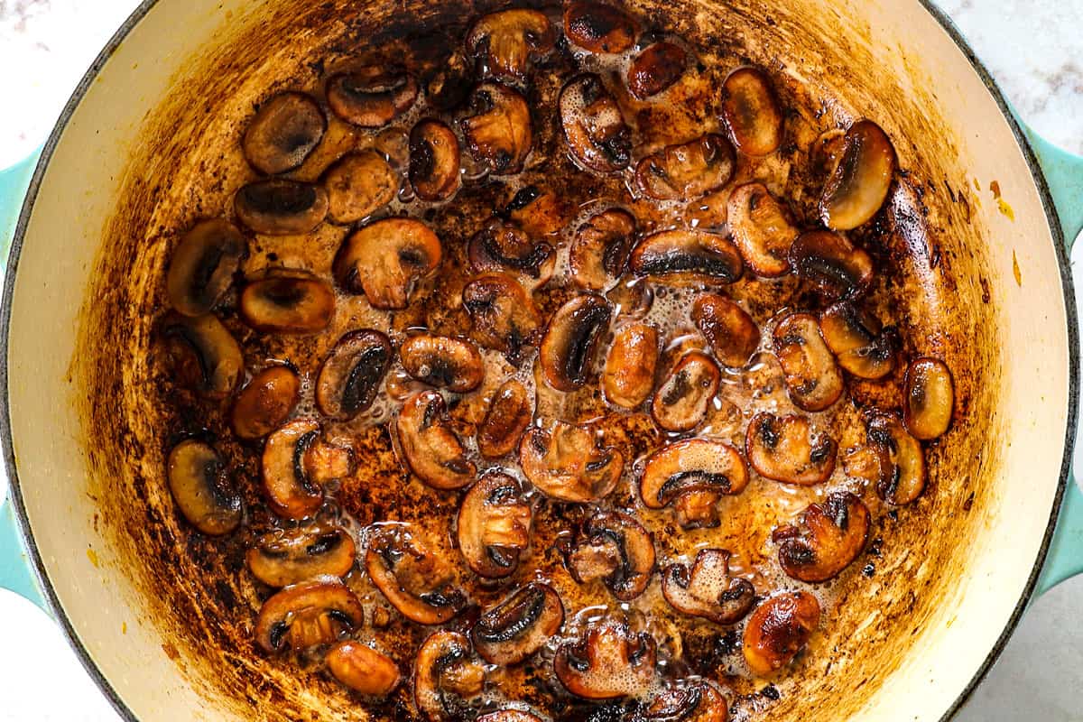 a collage showing how to make chicken and wild rice casserole by caramelizing the mushrooms in a Dutch oven in a single layer until golden