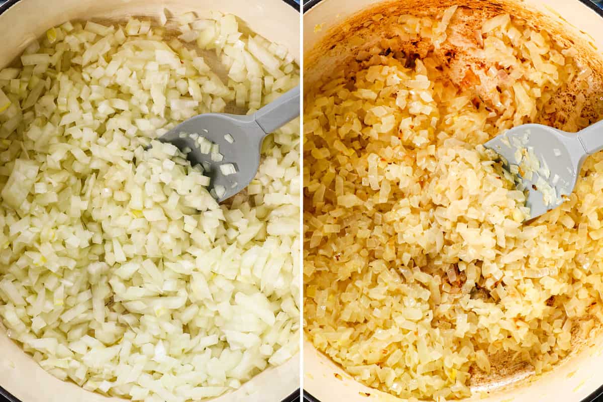a collage showing how to make Creamy Asparagus recipe by sautéing onions