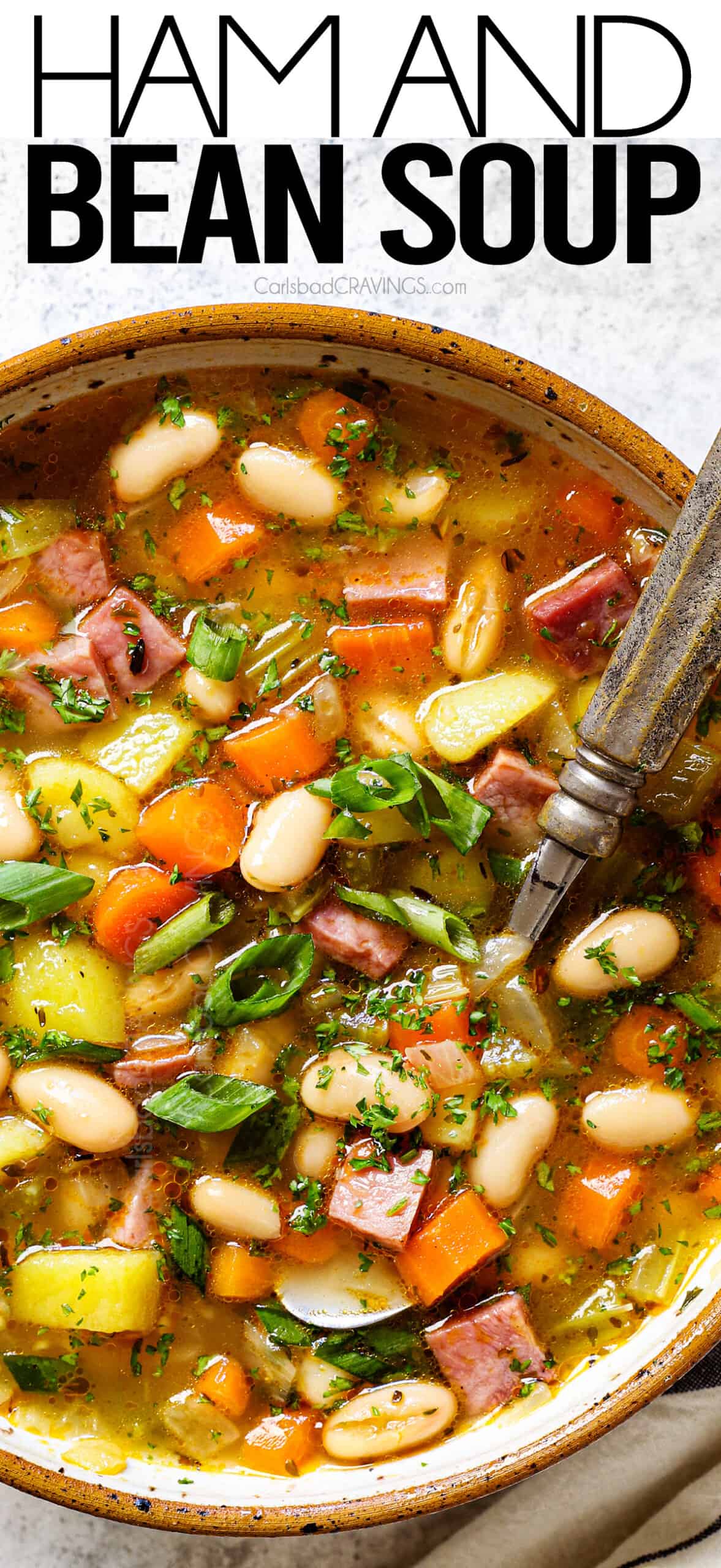 top view of ham and bean soup recipe with white beans and potatoes