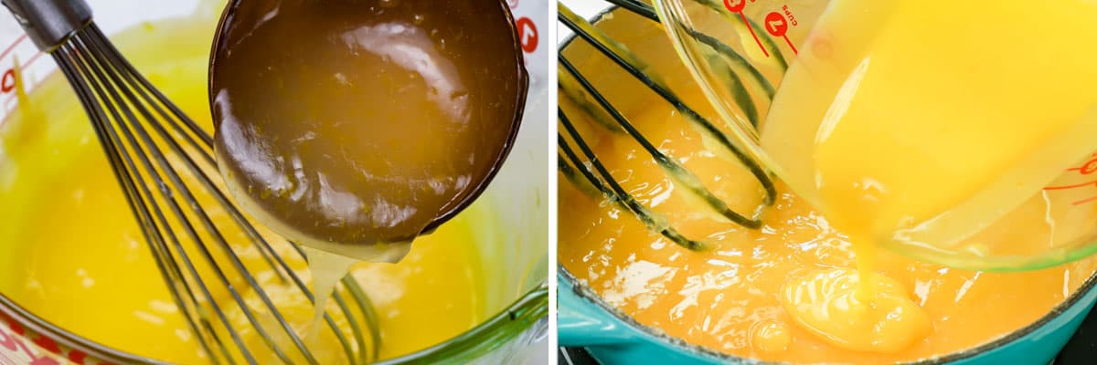 a collage showing how to make best lemon Meringue Pie by tempering the eggs by whisking some of the hot lemon mixture into the egg yolks, then whisking back into the lemon mixture