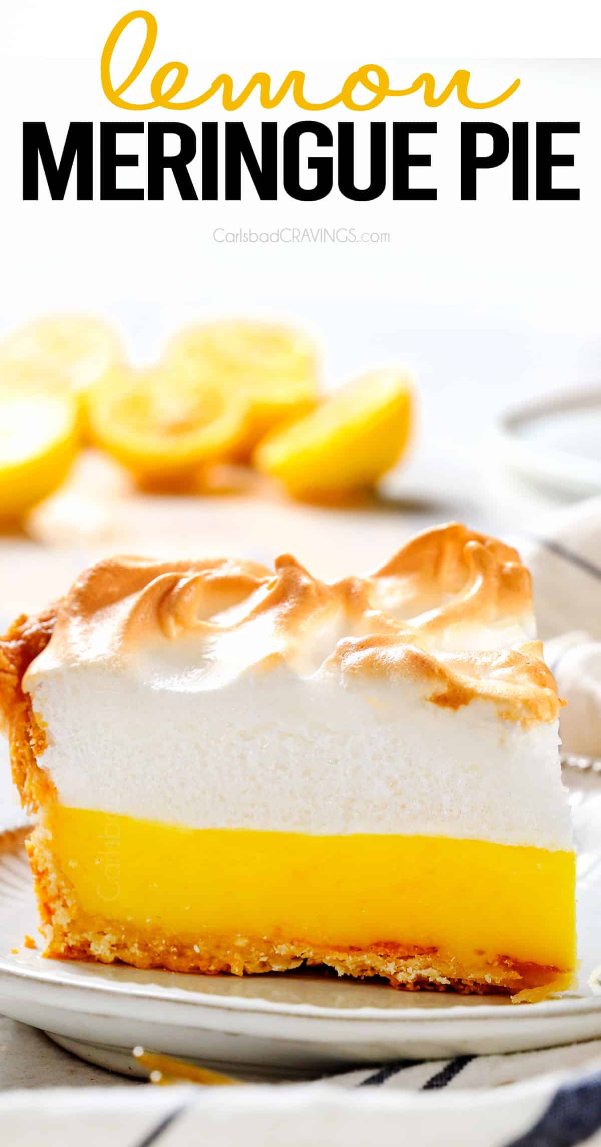 a slice of Lemon Meringue Pie on a plate showing how fluffy the meringue is