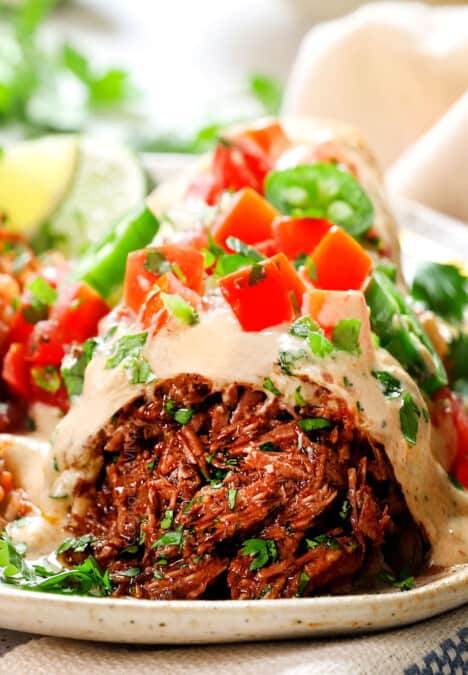 up close of chimichanga with shredded beef and sauce topped with pico de gallo