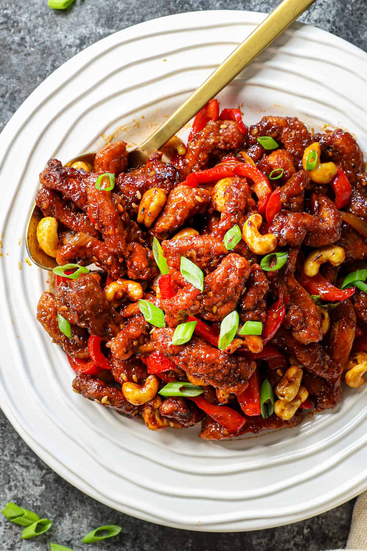 top view of spicy Dragon Chicken on a serving platter showing how crispy the chicken is
