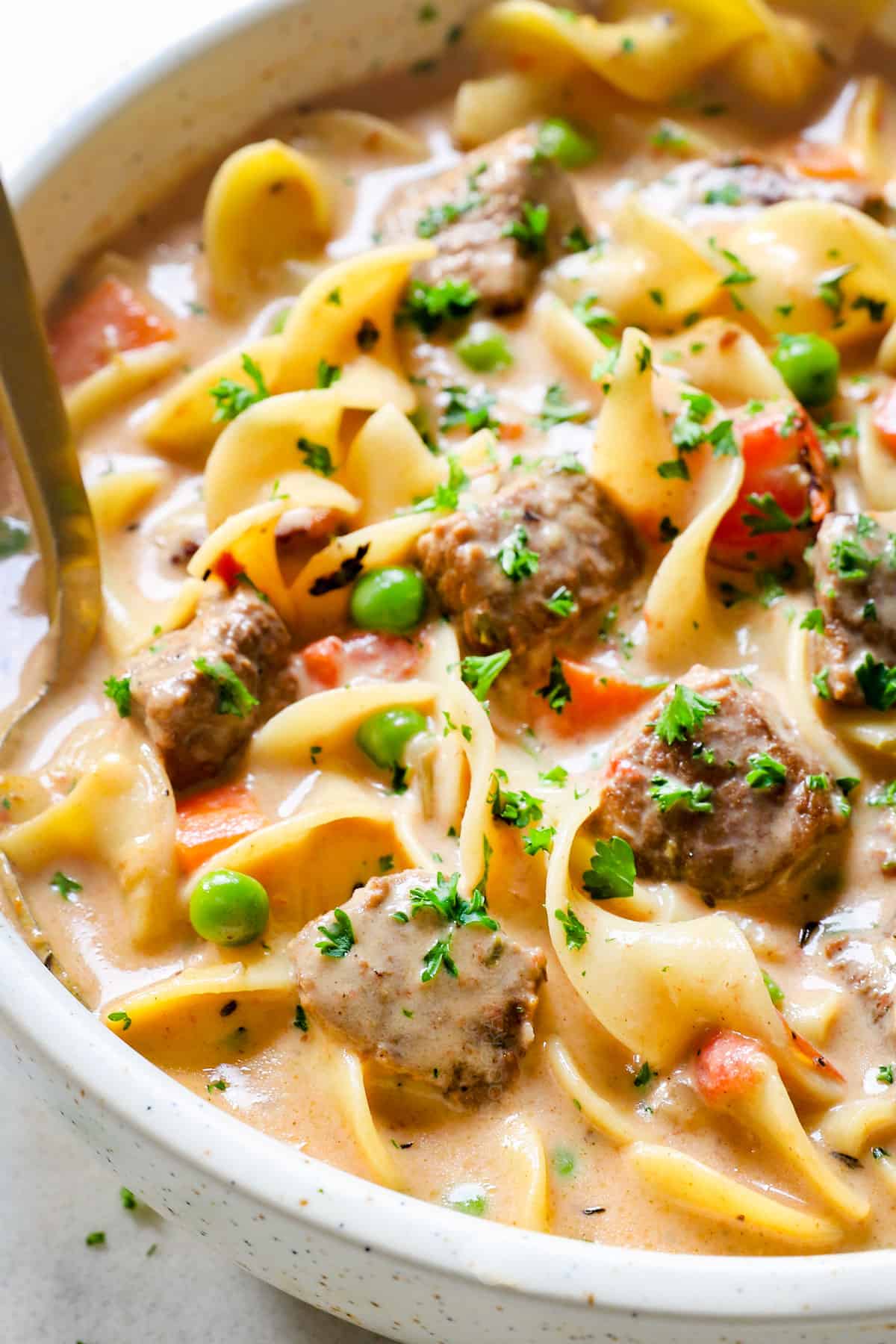 up close of beef noodle soup showing how creamy it is
