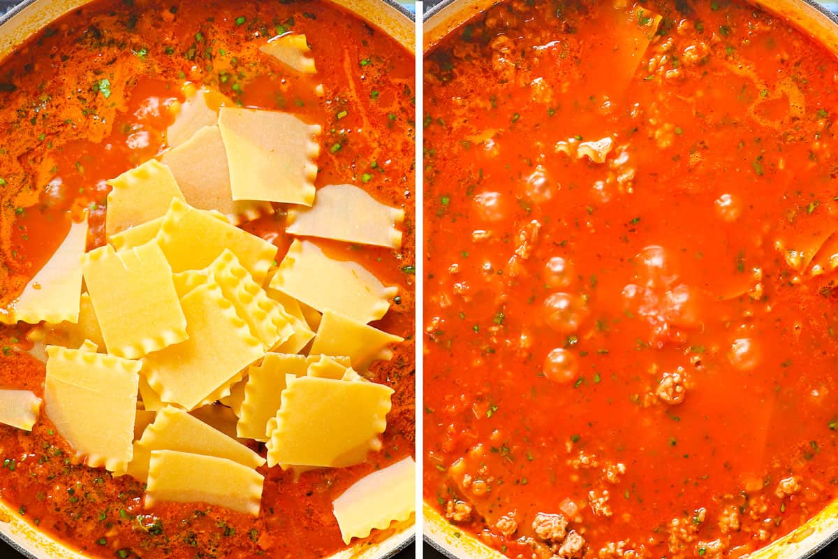 showing how to make easy skillet lasagna by adding broken lasagna noodles to the sauce to simmer in a skillet