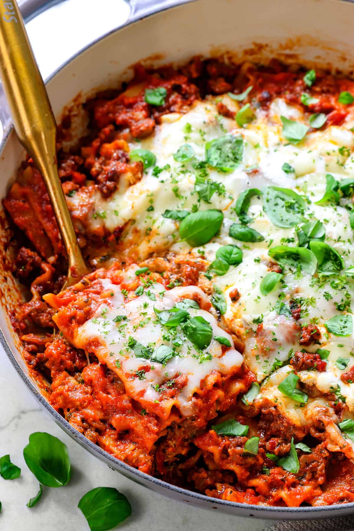skillet lasagna with marinara sauce, mozzarella and Parmesan