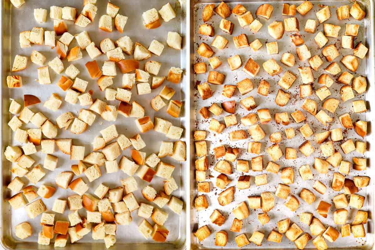 showing how to make French Toast Bake (French Toast Casserole) by toasting challah or brioche cubes on a baking sheet in the oven until toasted