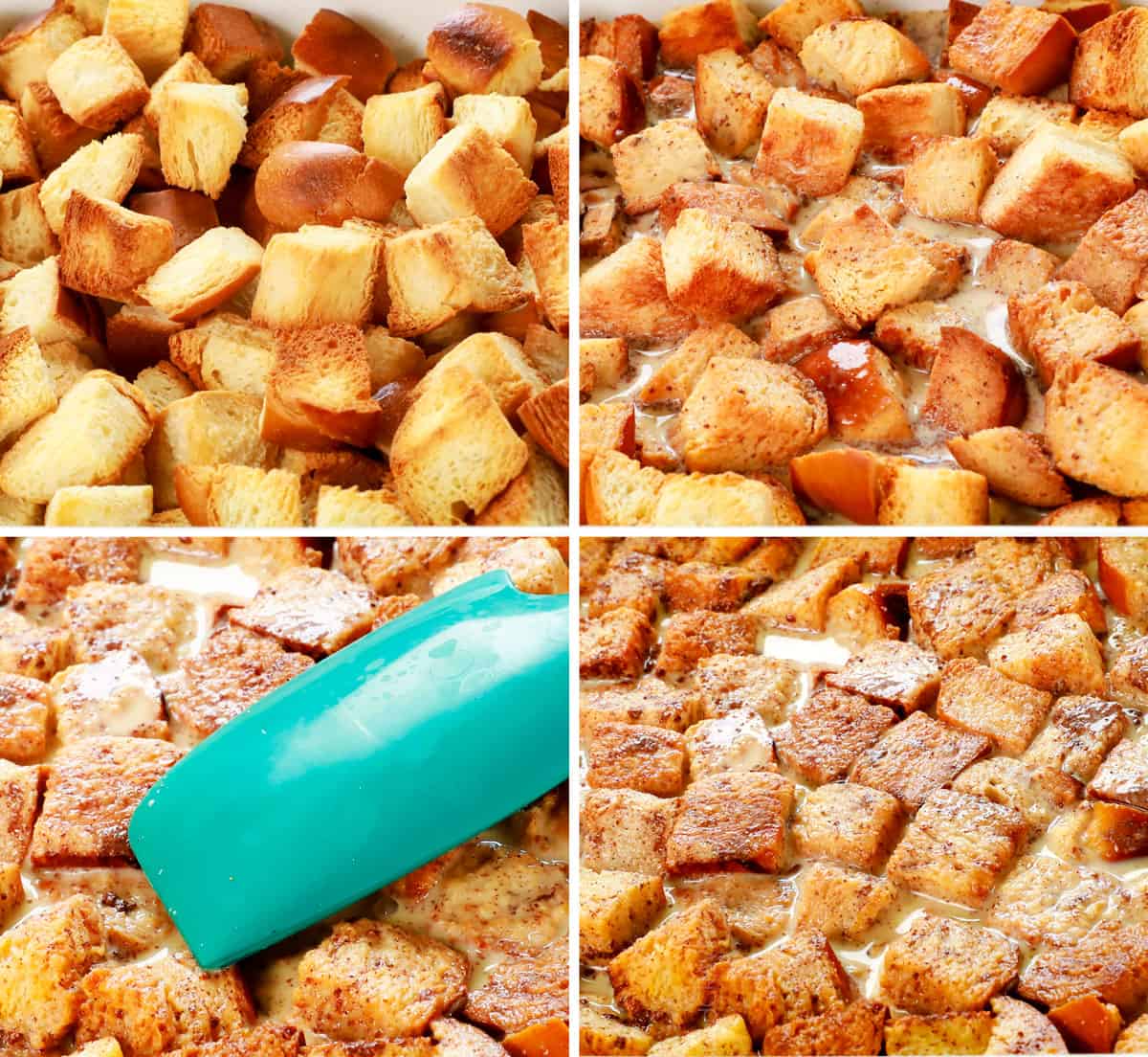 a collage showing how to make French Toast Bake (French Toast Casserole) by adding toasted cubes to a 9x13 baking dish, adding the custard, then pressing the cubes down with a spatula to submerge in the custard