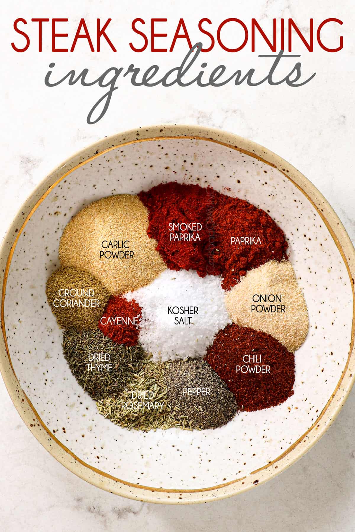 top view of steak seasoning ingredients in a bowl: kosher salt, garlic powder, onion powder, smoked paprika, chili powder, pepper, cayenne pepper, thyme, rosemary and ground coriander