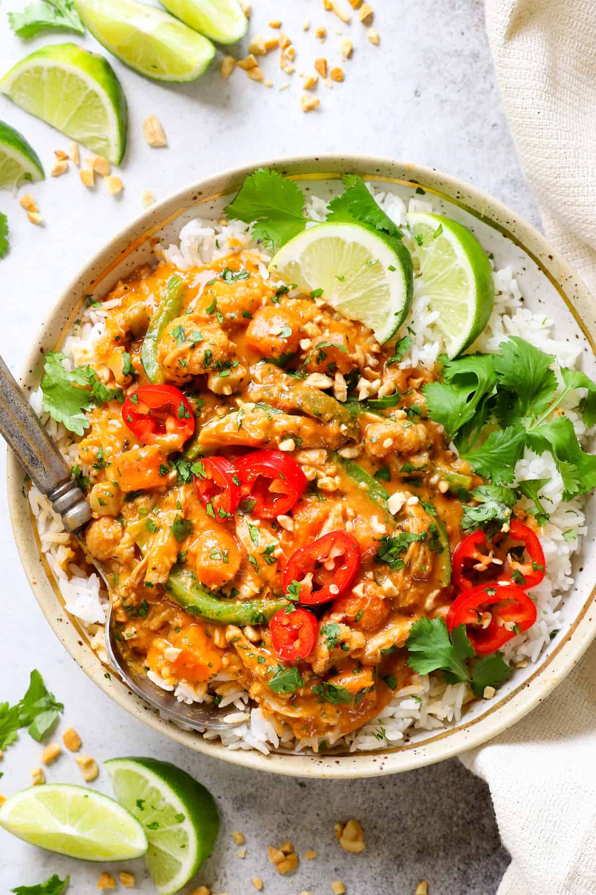 top view of crockpot curry chicken recipe made with coconut milk, red curry paste, fish sauce, soy sauce and lime juice, in a bowl serve over rice