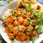 top view of Butter chicken in a bowl showing how creamy it is