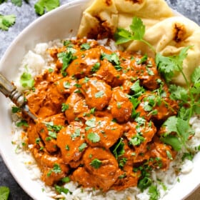 top view of Butter chicken in a bowl showing how creamy it is