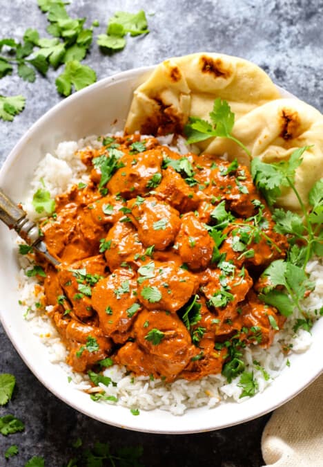 top view of Butter chicken in a bowl showing how creamy it is