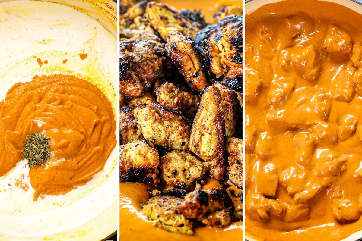 a collage showing how to make Butter chicken by stirring heavy cream and fenugreek leaves into the sauce, followed by the chicken, then simmering